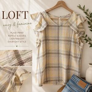LOFT Plaid Ruffle Sleeve Blouse Womens Small Yellow Neutral Lightweight Top